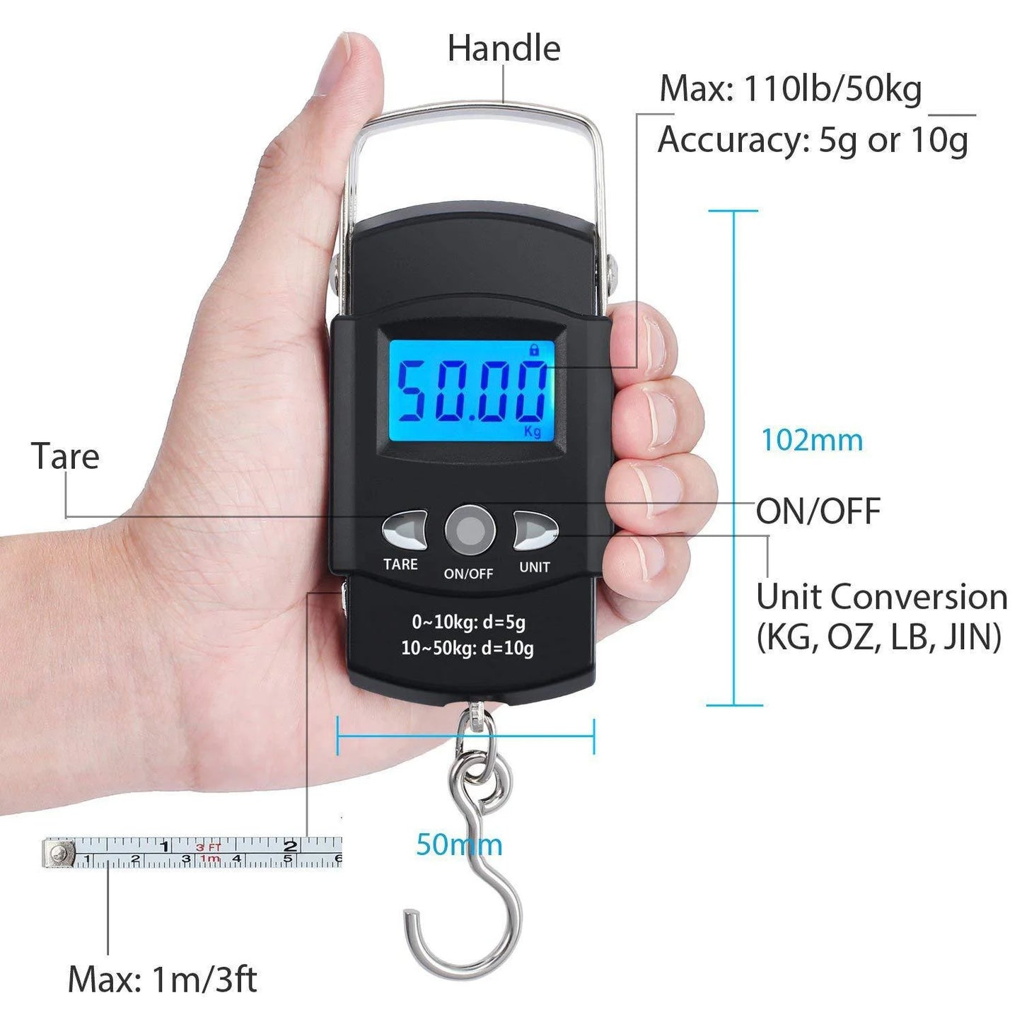 FLYSAND 110lb/50kg Electronic Scale Backlit LCD Display with Measuring Tape Balance Digital Fishing Hanging Hook Scale Tool