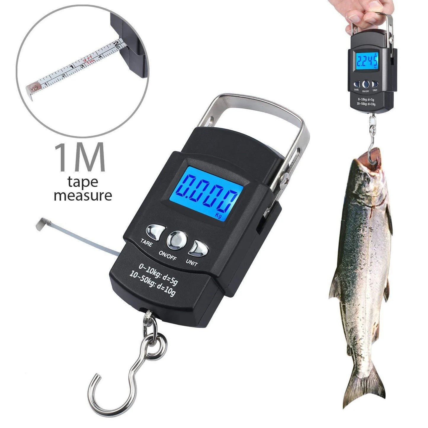 FLYSAND 110lb/50kg Electronic Scale Backlit LCD Display with Measuring Tape Balance Digital Fishing Hanging Hook Scale Tool