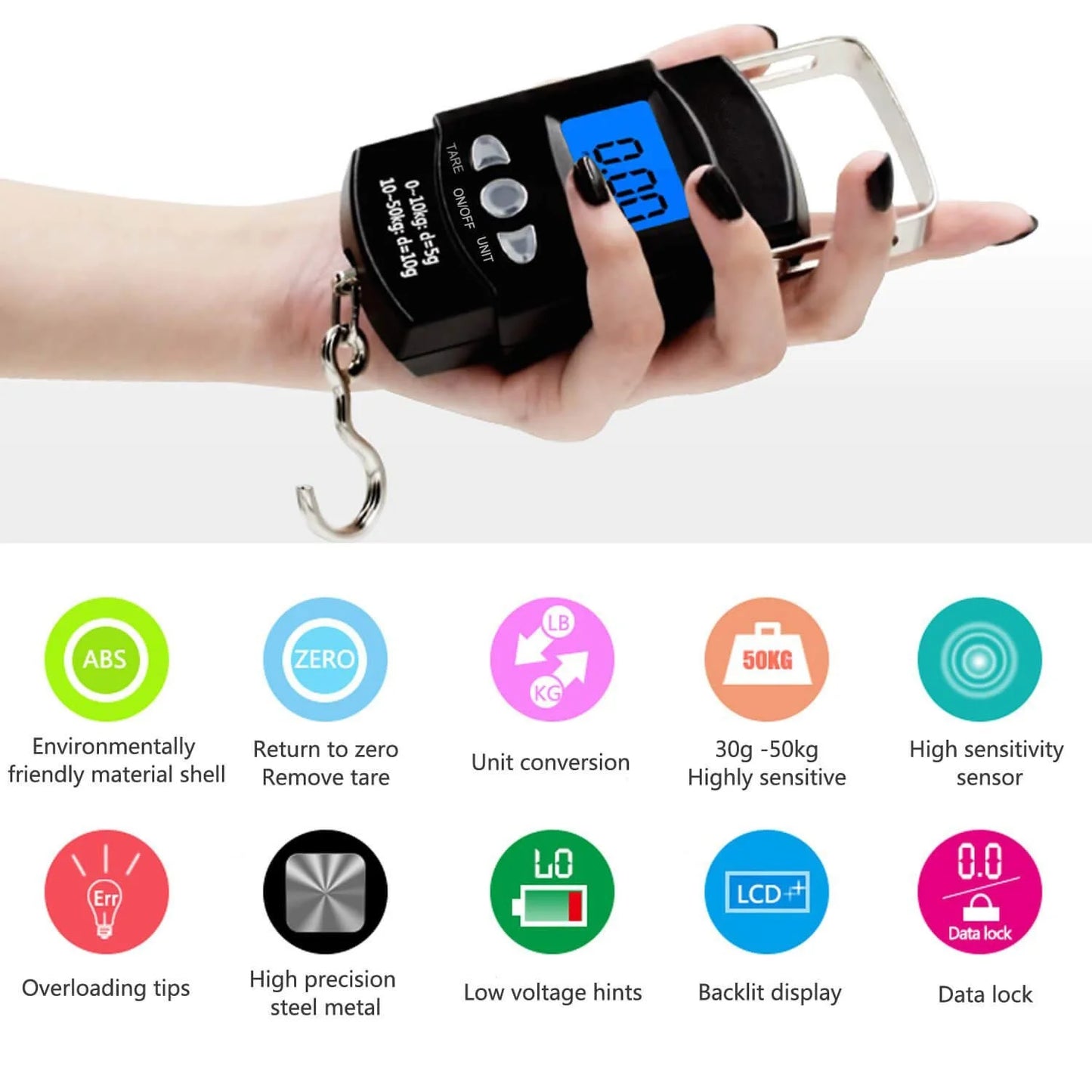 FLYSAND 110lb/50kg Electronic Scale Backlit LCD Display with Measuring Tape Balance Digital Fishing Hanging Hook Scale Tool
