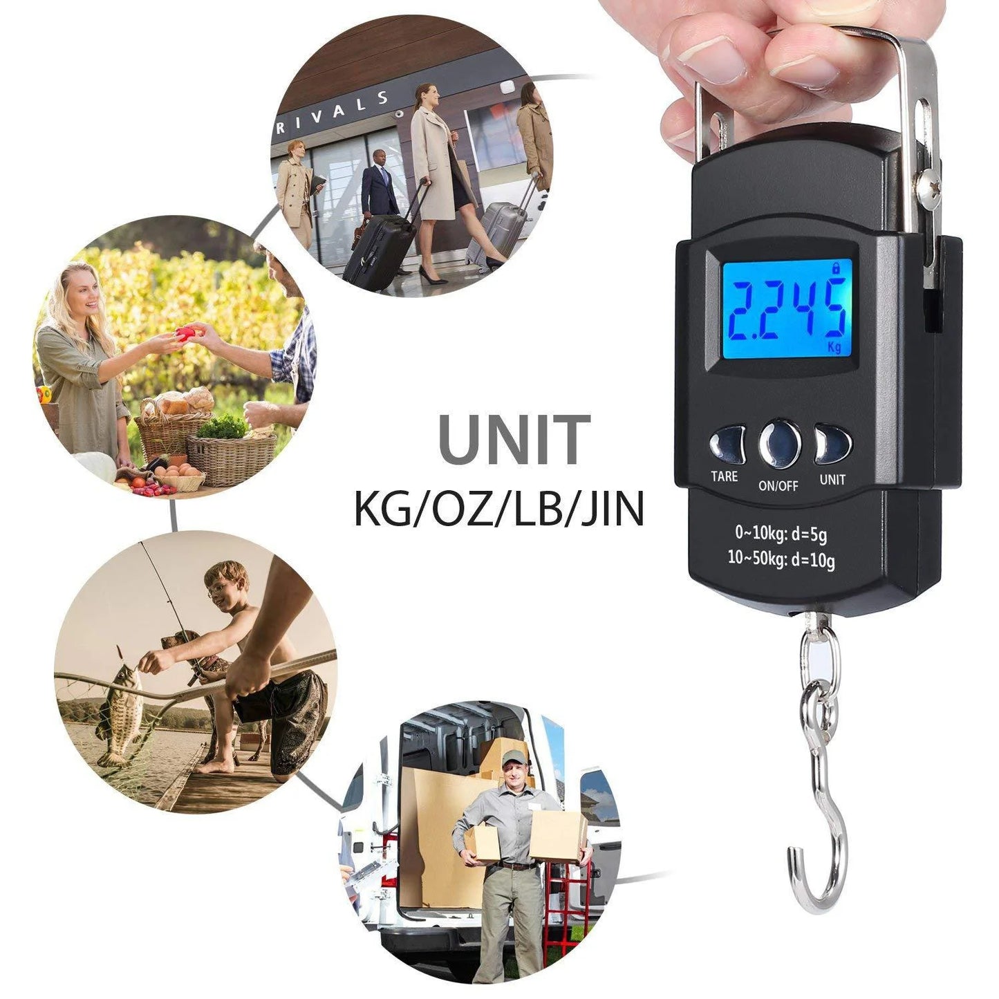 FLYSAND 110lb/50kg Electronic Scale Backlit LCD Display with Measuring Tape Balance Digital Fishing Hanging Hook Scale Tool