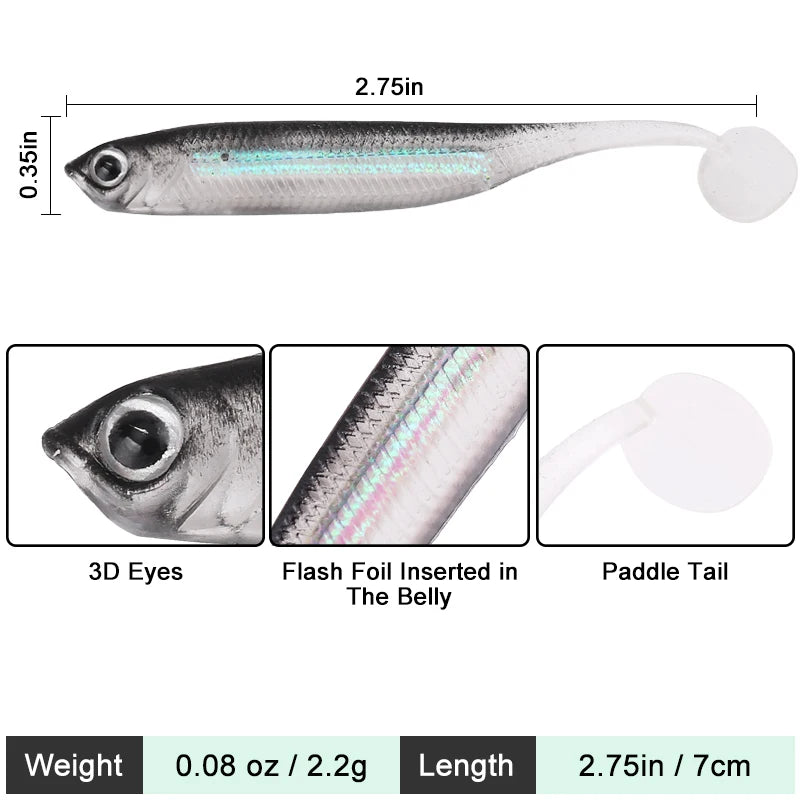 10Pcs/set Soft Plastic Fishing Lures Swimbait Lifelike Fishing Lures Minnow Bass Bait Paddle Tail Fishing Accessories