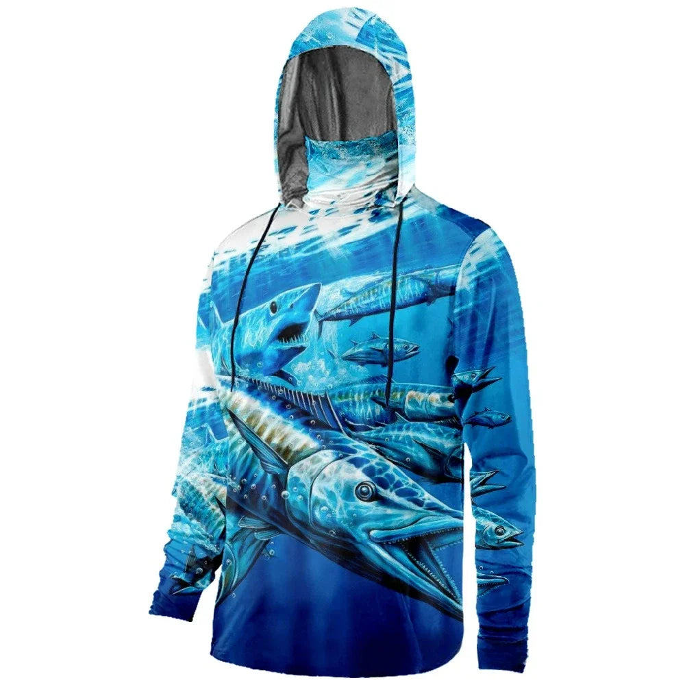 Mens Fishing Clothing Fish Forced to Work Tuna Camouflage Printed Sun Protection Face Mask Hoodies Outdoor Sports Breathable