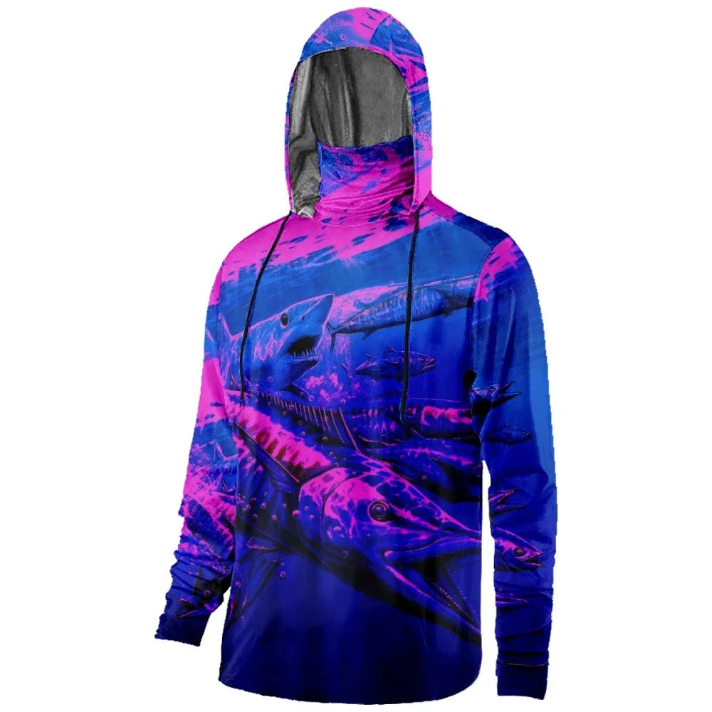 Mens Fishing Clothing Fish Forced to Work Tuna Camouflage Printed Sun Protection Face Mask Hoodies Outdoor Sports Breathable