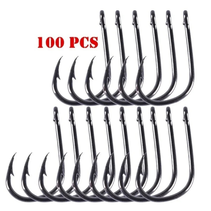 100pcs/box #3~12 High Carbon Steel Fishing Hooks Pack with Hole Fishing Hooks Circle Black Barbed Hooks