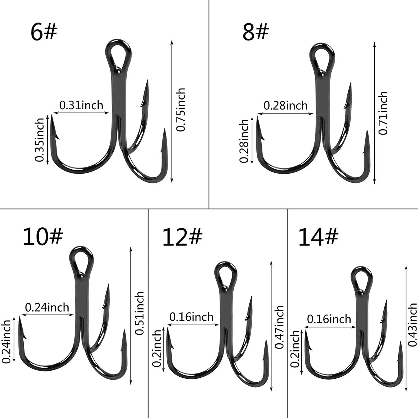 100pcs Treble Hooks Saltwater Fishing Hooks High-Carbon Steel Fishhooks High Strength Fishing Hooks Size 1/0#-14#