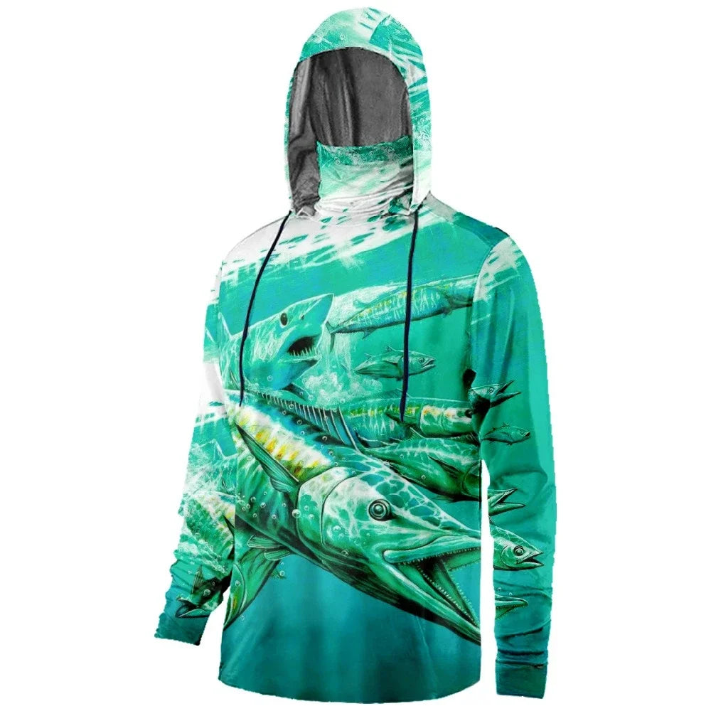 Mens Fishing Clothing Fish Forced to Work Tuna Camouflage Printed Sun Protection Face Mask Hoodies Outdoor Sports Breathable