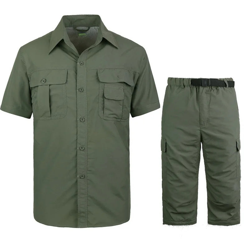 Outdoor Work Fishing Clothes Quick Dry Shirt Pants Men Women Summer Thin Breathable Hiking Climbing Clothes Two-piece Detachable