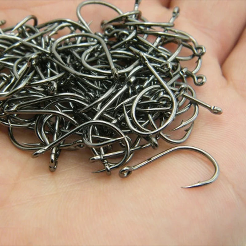 100pcs/box #3~12 High Carbon Steel Fishing Hooks Pack with Hole Fishing Hooks Circle Black Barbed Hooks