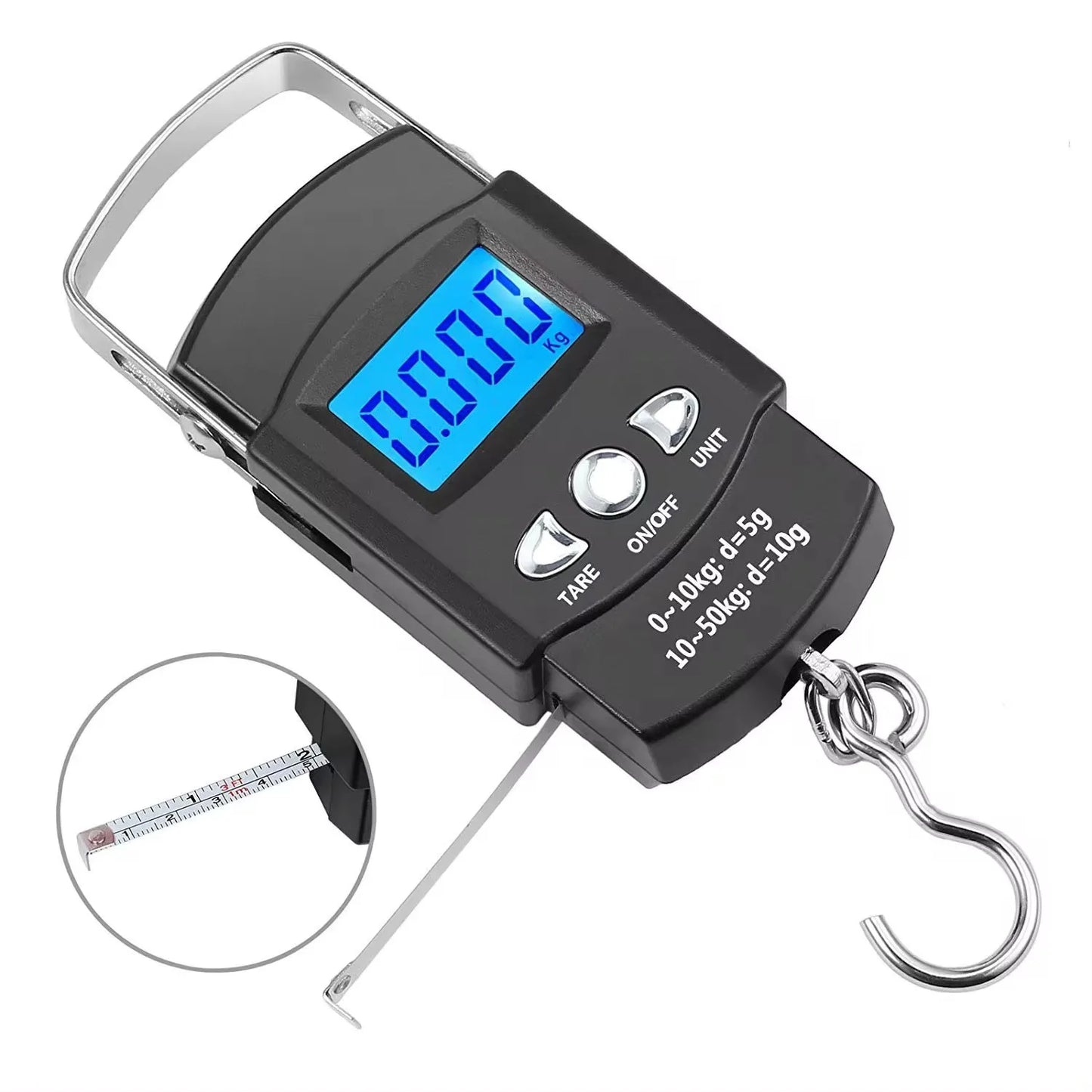 FLYSAND 110lb/50kg Electronic Scale Backlit LCD Display with Measuring Tape Balance Digital Fishing Hanging Hook Scale Tool