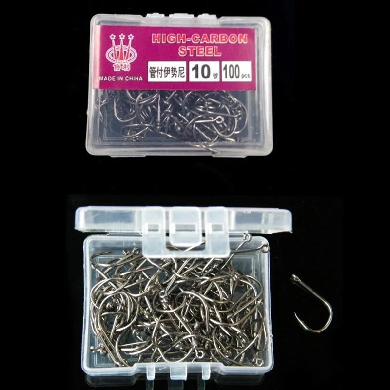 100pcs/box #3~12 High Carbon Steel Fishing Hooks Pack with Hole Fishing Hooks Circle Black Barbed Hooks